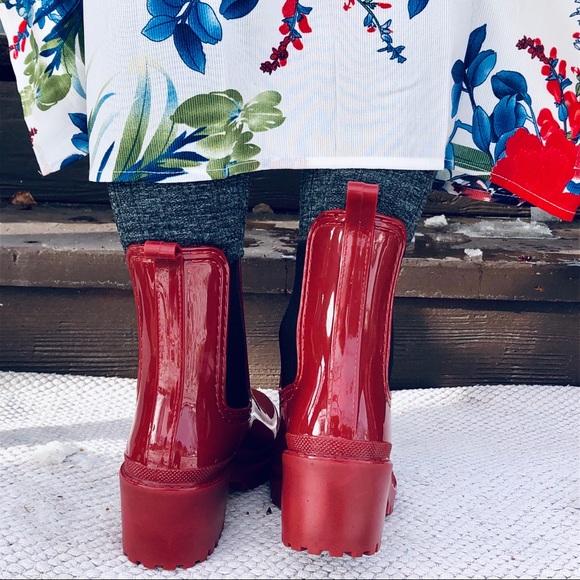 LAST PAIR! New! Red Rain Boots with Block Heel - Picture 2 of 8